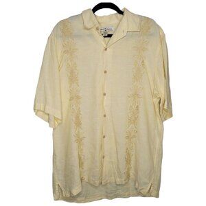 Tommy Bahama Mens pale yellow linen tropical print short sleeve button up Large